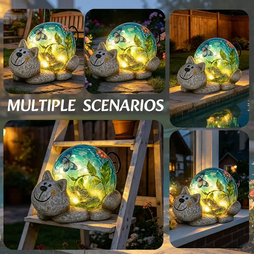 Miniatura 4 de Afirst Estatuas solares de jardín para exteriores, adorno de césped de gato con luces solares de vidrio agrietado, decoración al aire libre