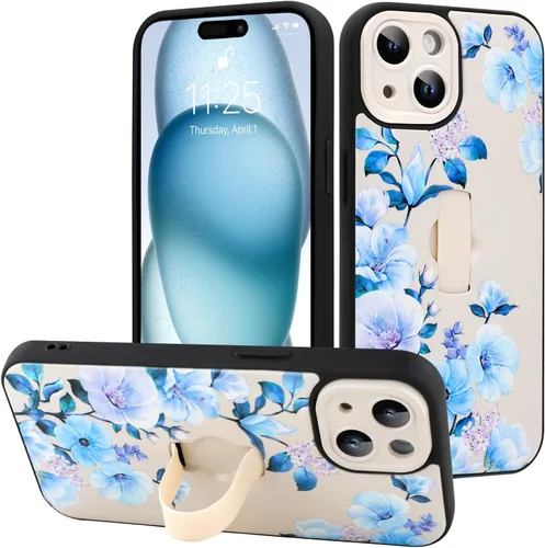 Miniatura 104 de Funda diseñada para iPhone 17 Pro Max con soporte plegable y correa para dedos, bonito patrón de lazo de corazón de flor rosa para mujeres y niñas