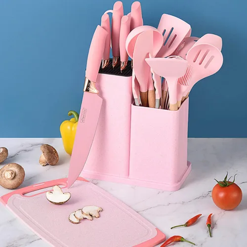 Miniatura 7 de Juego de cuchillos de cocina con bloque, juego de utensilios de cocina de silicona rosa de 19 piezas y juego de cuchillos de acero inoxidable