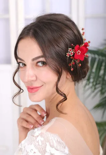 Miniatura 3 de Pinza de pelo rojo para novia, peine floral para mujer, accesorios para el cabello de boda para novia, clip para el cabello para boda, fiesta