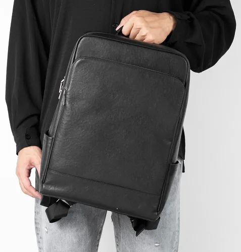 Miniatura 6 de Mochila para portátil de cuero genuino de 15.6 pulgadas para hombres y mujeres, mochila de viaje de negocios, mochila de senderismo (1#negro)
