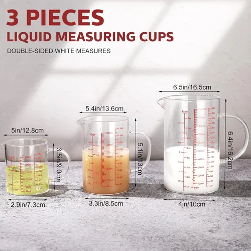 Miniatura 4 de Lallisa Juego de 3 tazas medidoras de vidrio de borosilicato alto con asa en forma de V, 4, 2, 1 taza y 3 escalas (onzas, taza, ml), para cocina