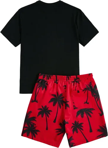 Miniatura 25 de GORGLITTER Conjunto de 2 piezas de camiseta gráfica de manga corta para hombre, estampado hawaiano con cordón y pantalones cortos