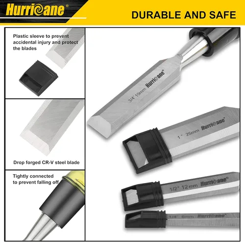 Miniatura 4 de HURRICANE Juego de 4 cinceles de madera para carpintería. Cuchillas de borde biselado de acero CR-V con tapas de seguridad. Agarre extra grande