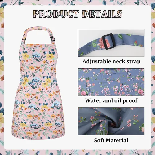 Miniatura 3 de Paquete de 2 delantales de acuarela con flores silvestres para mujer, delantales de cocina ajustables con 2 bolsillos, delantales de chef