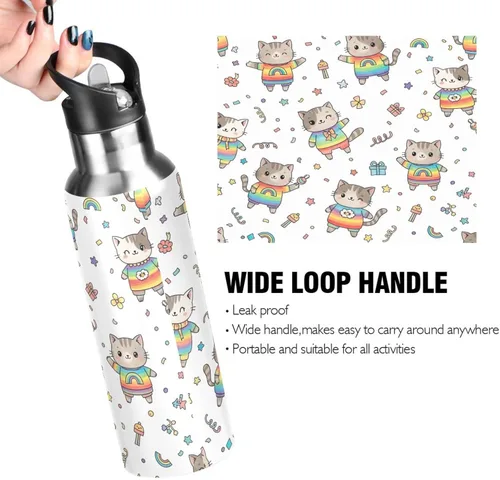 Miniatura 4 de Cute Cartoon Cats Rainbow Insulated Stainless Steel Water Bottle with Straw 20 Oz, BPA-Free Sports Water Bottle with Straw Leakproof Water Bottles