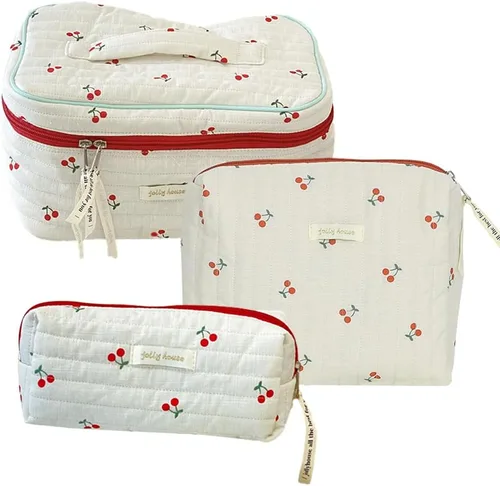 Miniatura 8 de Juoxeepy Bolsa de maquillaje de algodón, bolsa de cosméticos de viaje, bolsa de cosméticos acolchada, bolsa de aseo floral estética coqueta A01-3pcs