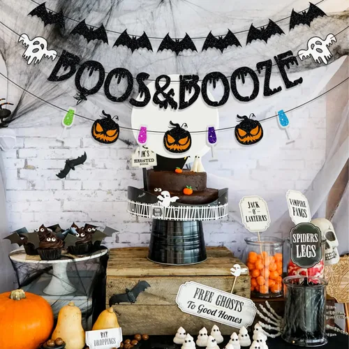 Miniatura 5 de Pancarta Pre-Ensartada de Boos y Bebidas Alcohólicas, Decoraciones de Halloween, Pancarta de Fantasma Murciélago Brujas para Decoración de Fiesta