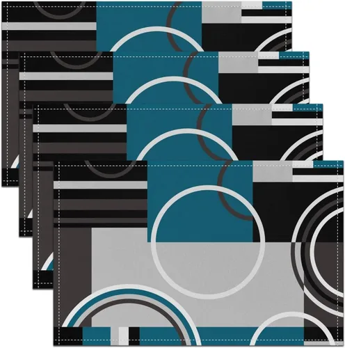 Manteles individuales modernos de 12 x 18 pulgadas, color gris, negro, azul, rayas, geométricos, juego de 4 manteles individuales retro circulares