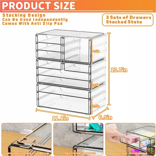 Miniatura 3 de Yieach Paquete de 3 cajones de almacenamiento transparentes con 10 cajones, organizador de cajones de acrílico grande apilable de 11.1 pulgadas