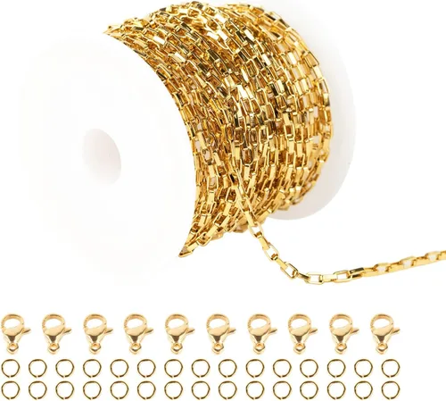 Miniatura 12 de YOUBEIYEE Cadena de acero inoxidable de 16.4 pies para hacer joyas, cadenas chapadas en oro con clip en relieve, a granel con anillos de salto