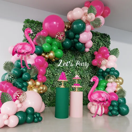 Kit de Guirnalda de Arco de Globos de Flamenco Tropical de 156 Piezas, Globos de Lámina de Flamenco con Confeti Rosa Fuerte Verde Oscuro Rosa Claro