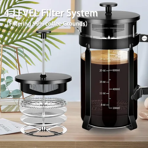 Miniatura 7 de YMMIND - Cafetera de prensa francesa de acero inoxidable 304, con sistema de filtración de 4 filtros, vidrio de borosilicato grueso resistente al
