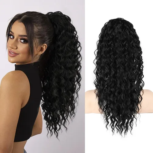 SEIKEA Extensión de Cola de Caballo, PT005 Isabella 18" de Largo Rizado Bohemio con Cordón Cola de Caballo Ligera Esponjosa Multicapa Extensiones de