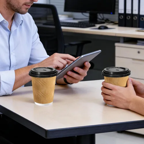 Miniatura 6 de Lamosi Tazas de café desechables de 8 onzas con tapas, paquete de 50 tazas de papel con aislamiento para llevar, con tapas y popotes, taza de pared