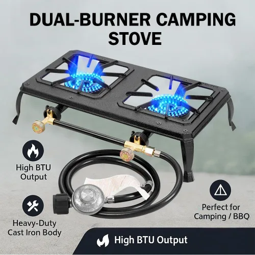 Miniatura 8 de Vivicreate Estufa de gas propano de hierro fundido, quemador doble, resistente, portátil, extraíble, para exteriores, 200 libras, soporte de alto