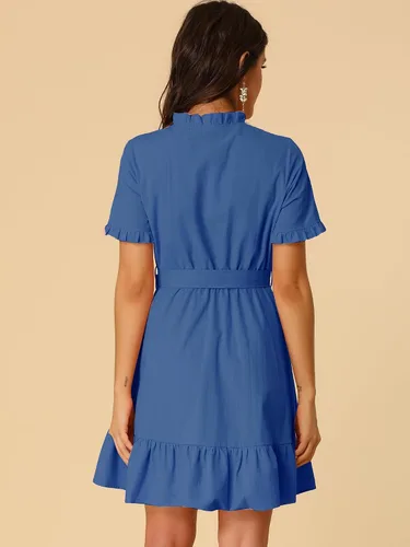 Miniatura 4 de Allegra K Vestido camisero de algodón ajustado y acampanado para mujer con cinturón y botones frontales con volantes, M