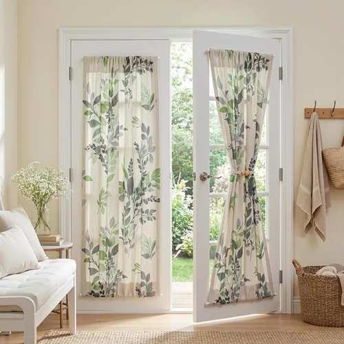 Miniatura 34 de MYSKY HOME Cortinas de lino para sala de estar, patrón de hojas, semitransparentes, cortinas verticales, decoración de estilo hawaiano, textura