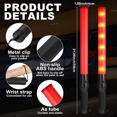 Miniatura 2 de Weewooday Paquete de 2 varitas de control de tráfico aéreo de seguridad de 21 pulgadas, varita de señal de tráfico LED, linterna de control de Rojo