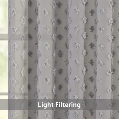 Miniatura 3 de DriftAway Olivia - Cortinas transparentes de gasa gris de vellón bordado para ventana con pompones, 2 paneles con pliegue para barra de 52 pulgadas