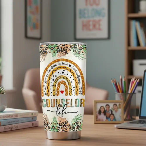 Miniatura 7 de 4LIEUBASMI Vaso de 20 onzas para consejero escolar, semana de agradecimiento al consejero, moderno multicolor con estampado de letras de arco iris