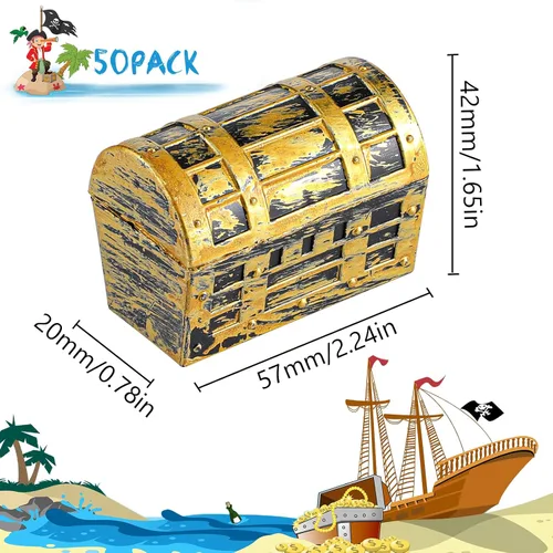 Miniatura 2 de Threan 50 mini cofres del tesoro pirata de 2.3 pulgadas de plástico con un acabado dorado, caja de joyería pirata vintage para Halloween