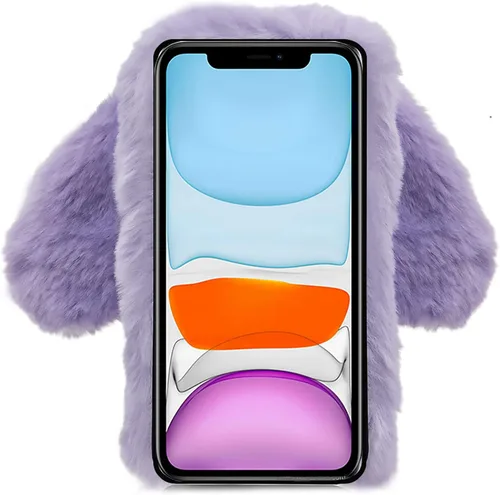 Miniatura 4 de LCHDA Funda de conejo para iPhone 13 de 6.1 pulgadas, lindas orejas de conejo 3D, bola de pelo suave y peluda, cálida de piel sintética, esponjosa