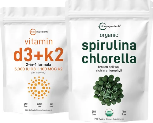 Micro Ingredients Tabletas orgánicas de Chlorella Spirulina de 3000 mg y vitamina D3 5000iu + K2 100mcg paquete de 2 unidades | Pared celular