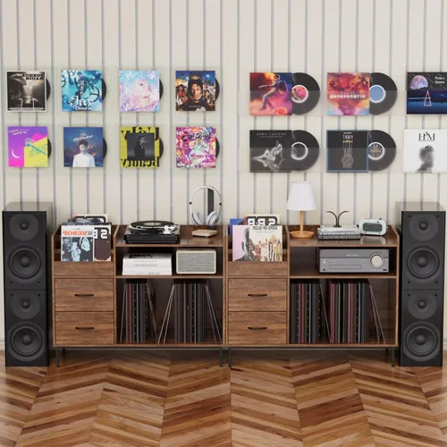 Miniatura 4 de Hassyee Soporte para tocadiscos con almacenamiento para más de 500 álbumes, estante giratorio moderno de mediados de siglo y cajones, consola