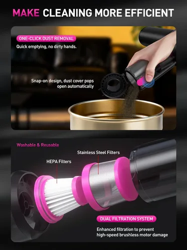 Miniatura 3 de Mini Aspiradora de Coche Portátil Inalámbrica con Luz LED, 15000PA de Succión Potente, 80W de Alta Potencia, Vaciado con un Clic, Filtro Hepa Dual