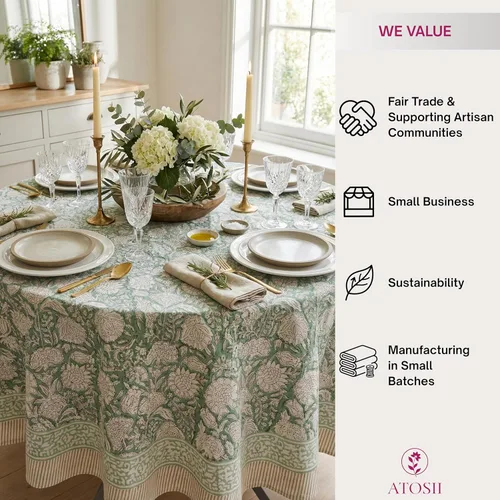 Miniatura 4 de ATOSII Mantel Redondo Bohemio Jade de Algodón 100%, Mantel de Lino con Estampado Floral de Bloques para Comedor, Fiestas, Bodas, Exteriores I