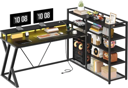 Miniatura 8 de RALGEND Escritorio para juegos en forma de L con estantería, escritorio reversible para computadora de 52 pulgadas con luz LED y toma de corriente