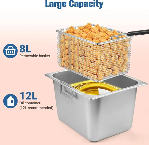Miniatura 6 de Freidora comercial de 12 L, freidora de 1800 W con cesta, temperatura ajustable, tapa, olla de acero inoxidable, freidora eléctrica para restaurante