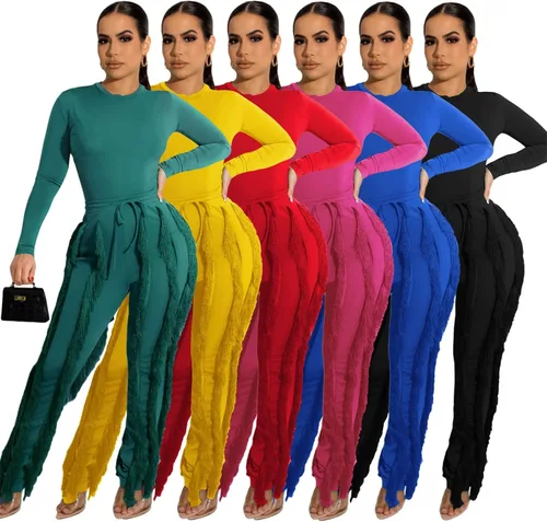 Miniatura 4 de 2 Piece Outfits for Women Sexy - Solid Long Sleeve One Piece Tops Fringe Tassel Long Pants Jumpsuits Sets