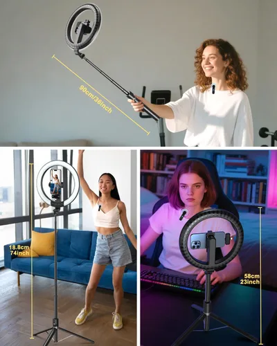 Miniatura 7 de Kit de vlogging para iPhone/Android, anillo de luz de 10 pulgadas con soporte, trípode de 74 pulgadas para iPhone con luz, micrófono, kit de inicio