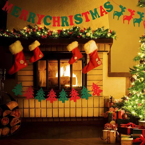 Miniatura 5 de Marbrasse Cartel de fieltro de Navidad de 3 piezas, pancarta de Feliz Navidad, rojo, verde, Papá Noel, reno, árbol de Navidad, decoración