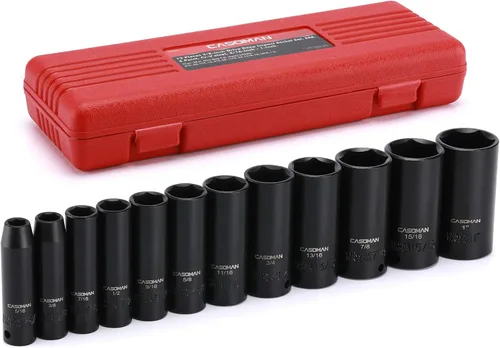 CASOMAN Juego de llaves de impacto de 12 piezas, 3/8 pulgadas, 6 puntos, SAE, profundo, CR-V, 5/16" a 1", estuche de almacenamiento moldeado por