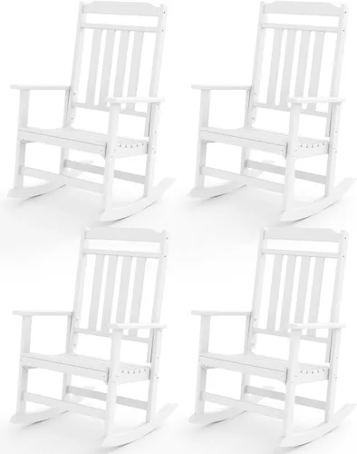 Miniatura 14 de GREENVINES Juego de 2 sillas mecedoras para exteriores Plástico HDPE Mecedoras de patio Silla mecedora de porche De gran tamaño Respaldo