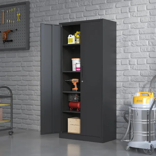 Miniatura 2 de Armario de almacenamiento de metal con estantes ajustables, armario de herramientas de garaje con 2 puertas con cerradura para oficina, hogar, Negro