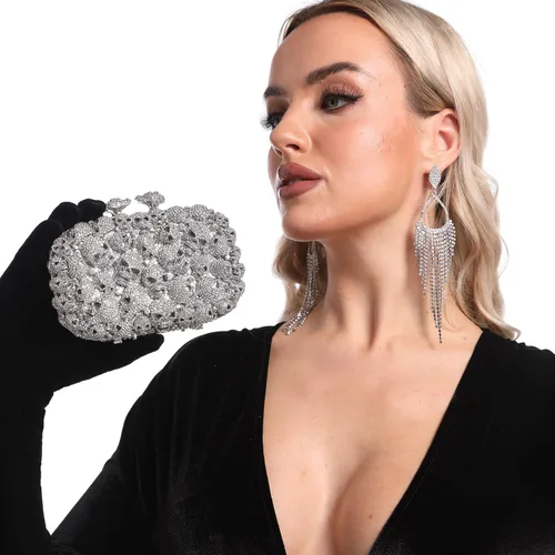 Miniatura 7 de Boutique De FGG Bolso de mano de cristal de calavera para mujer, bolso de mano de noche con diamantes de imitación, para fiesta, graduación