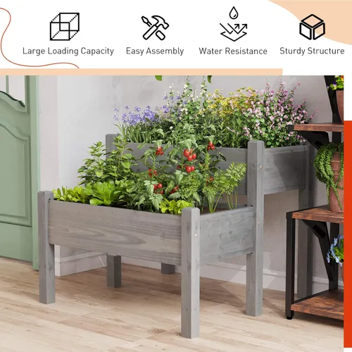 Miniatura 4 de Giantex Juego de 2 camas de jardín elevadas, caja de madera elevada, kit de cama elevada para flores, verduras, frutas, hierbas, contenedor de Gris