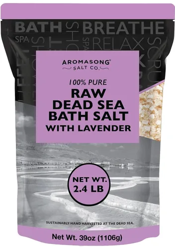 Aromasong Sal pura cruda del mar muerto para remojar con lavanda 100% natural, 2.43 libras, sal de baño de spa de grano fino, exfoliante de lavado