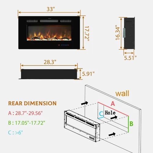 Miniatura 6 de Insertos de chimenea eléctrica de 33 pulgadas, chimenea para empotrar y colocar en la pared, chimenea lineal con termostato, control remoto