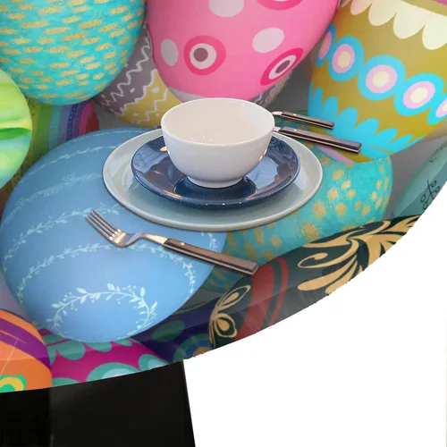 Miniatura 6 de Mantel redondo con diseño de huevos coloridos de Pascua, con borde elástico, impermeable, lavable, para cocina, fiestas, bodas, interiores