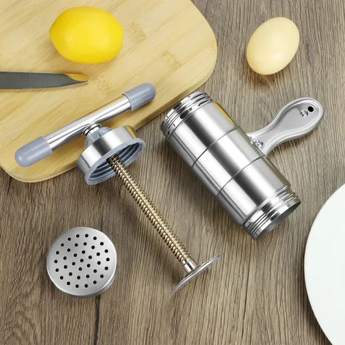 Miniatura 4 de QWORK Máquina de fideos de acero inoxidable, máquina manual de pasta con 5 moldes de fideos, máquina de fideos de prensa de pasta