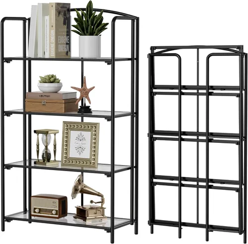 Miniatura 17 de Crofy - Estantería plegable sin montaje para sala de estar, estantería plegable de 2 niveles en color negro para oficina en casa, organizador