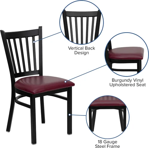 Miniatura 4 de BizChair Silla de restaurante de metal con respaldo vertical negro - Asiento de vinilo burdeos