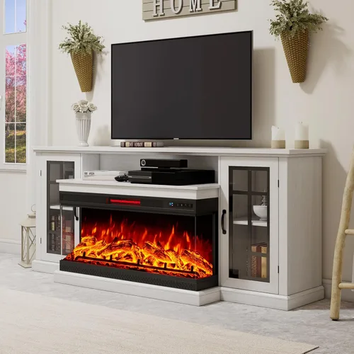 Miniatura 12 de LUXOAK Soporte de TV para Chimenea con Chimenea Eléctrica de Vidrio de 3 Lados, Centro de Entretenimiento Multimedia de 59" con Gabinete de Gris