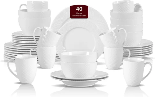 Miniatura 22 de HomeVss, nuevo juego de vajilla de porcelana de hueso, diseño de loto en relieve, juego de 20 piezas