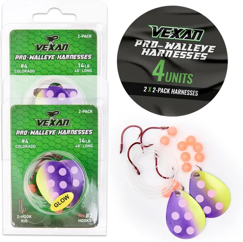 Vexan Glow Walleye Spinner Rig - Live Bait Fishing Rig for Walleye with UV Glow Beads, #4 Colorado Spinning Plates, #2 Red J-Hook Setup, 48” Mono